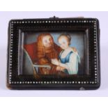 An early 18th century humorous portrait group, monk taking confession, 2" x 2 1/2", in tortoiseshell
