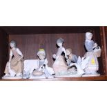 Five Lladro figures of girls feeding geese (two damaged) and a Lladro Collector's Society plaque