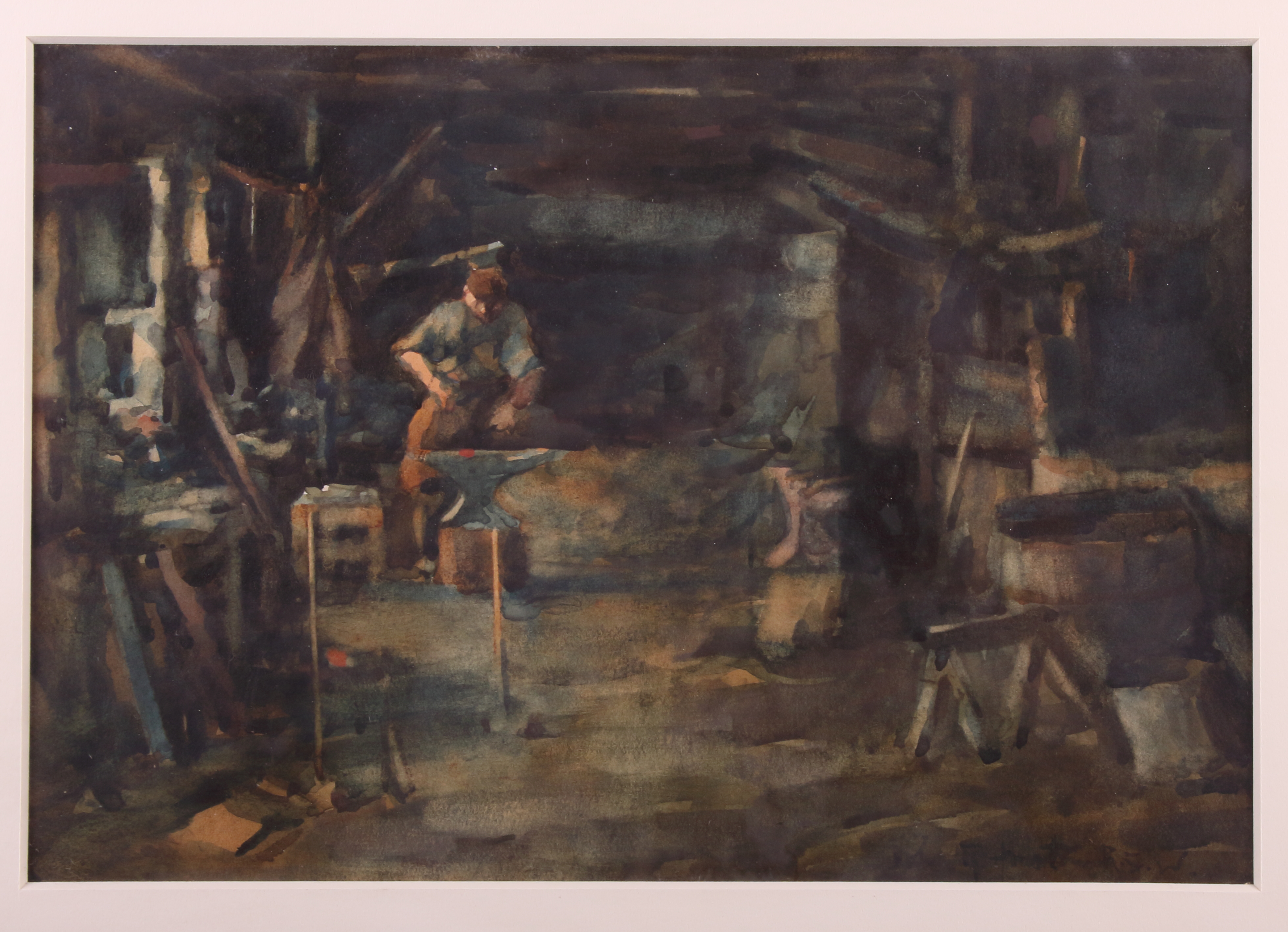 John R Houston RWS: watercolours, blacksmith at work, 6 1/2" x 9 1/2", in gilt frame