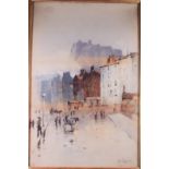 John Terris RSW: watercolour, view of The Grassmarket Old Edinburgh, label verso, 29" x 19", in deep