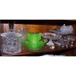 A cut glass biscuit barrel and cover, a 1960s green glass fruit service and other glass, various