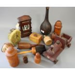 A wooden desk calendar, a Mauchline ware money box, turned boxwood bottle cases and other treen