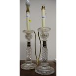 A pair of cut glass candlesticks (now converted to electricity) and a collection of glass drops