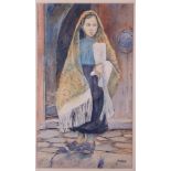 P Sian: watercolour, Middle Eastern woman by a door, a watercolour by Faber, street scene in black