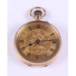 A lady's 9ct gold cased open faced fob watch with gilt dial and Roman numerals