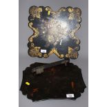 A Victorian black papier mache shaped panel, decorated flowers in mother-of-pearl and gilt, and a