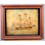 English 19th century Naive School: battleship with flags, 8 1/2" x 10", in strip frame