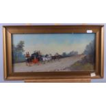 P Rideout, 1908: oil on board, mail coach, 8" x 15 1/2", in gilt frame