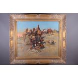 A modern oil painting, Middle Eastern encampment with figures and camel, 21" x 25", in gilt frame