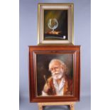 An oil on canvas, bearded gentleman, 13" x 11", in oak strip frame, and an oil on canvas, still life