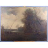 English mid 20th century: oil on canvas, landscape with distant river, 20" x 27*, unframed, and an