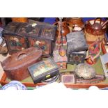 A wooden domed top casket with painted floral decoration, an Indian balancing figure and other