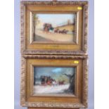 L A Leslie: a pair of 19th century oils on board, stagecoaches, 6 1/2" x 9 1/2", in gilt frames