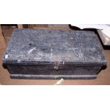 A carpenter's black painted pine tool box with assorted tools