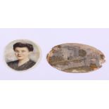 An unframed mid 20th century portrait of an unknown woman, 3 1/2" x 3", and a sand picture of a