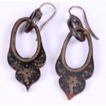 A pair of 19th century tortoiseshell pique decorated drop earrings