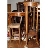 An Edwardian inlaid two-tier jardiniere stand and a side table