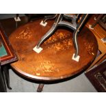 An oval inlaid walnut loo table, on four turned and splayed supports (made up)