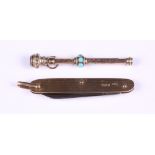 A 9ct gold mounted miniature folding pocket knife and a Victorian miniature propelling pencil