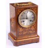 A late 19th century French mantel clock, in floral marquetry decorated case, engine turned silver