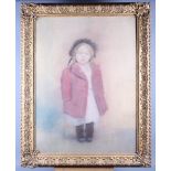 Kent Lacey: pastels?, portrait of a girl in a red coat, 28" x 21", in gilt decorated frame