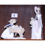 A Lladro figure of an elegant Edwardian woman standing by a pillar, 13" high, and a similar figure
