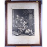 A 19th century engraving, puppies in a kennel door, in decorative frame, and a set of four