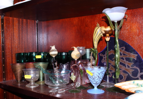 Nine 19th century green wine glasses and other coloured glass