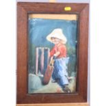 M Ward: watercolours, young cricket player, 30" x 8", in oak strip frame