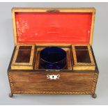 A 19th century two-compartment tea caddy with dentil design inlaid borders, ivory escutcheon and