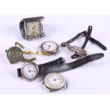 A lady's silver and marcasite cocktail watch, three ladies' silver cased wrist watches, a lady's