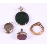 A 15ct gold locket, a gold mounted fob seal, a front and back gold locket with enamel decoration and