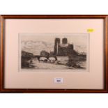 T Merrion: etching of Notre Dame and three other etchings, Continental and Scottish street scenes