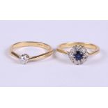 An 18ct gold and diamond solitaire ring, size O, and an 18ct gold diamond and sapphire cluster ring,