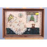 A collage panel, bedroom with chair and slippers, and a silk embroidered panel, flowers and a