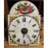 A wall clock with broken arch painted dial, wood and metal movement
