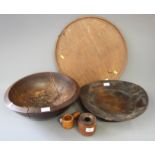 A fruitwood bowl, 16" dia, a similar bowl with metal repairs, 15" dia, a lignum vitae hobble, a