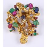 A 1970s Cartier France 'Tutti Frutti' brooch, set brilliant cut and baguette diamonds, carved