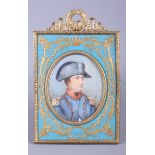 A miniature portrait of Napoleon Bonaparte, initialled BS, 3 1/2" x 2 3/4", in gilt metal and blue