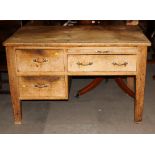 A French pine kitchen table, fitted three drawers and slide, 54" x 32"