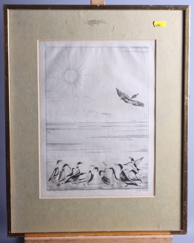 Joseph Hecht 1933: a signed limited edition engraving, "Ducks and Sun", 10/40 with Hecht