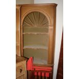 A Hallidays pine alcove standing corner cupboard, fitted two shaped front shelves and lower
