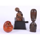 Two Japanese carved wooden kobi toys and a similar box containing five miniature bone dice