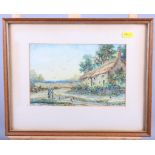 An early 20th century watercolour, figures by a cottage, 5" x 9", in strip frame, a similar