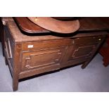 An 18th century oak blanket box with two panel front decorated mitred mouldings, 45" wide