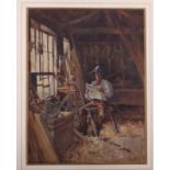 KM Wyatt: watercolours, figure reading a newspaper in workshop, 12" x 9 1/4", in gilt frame