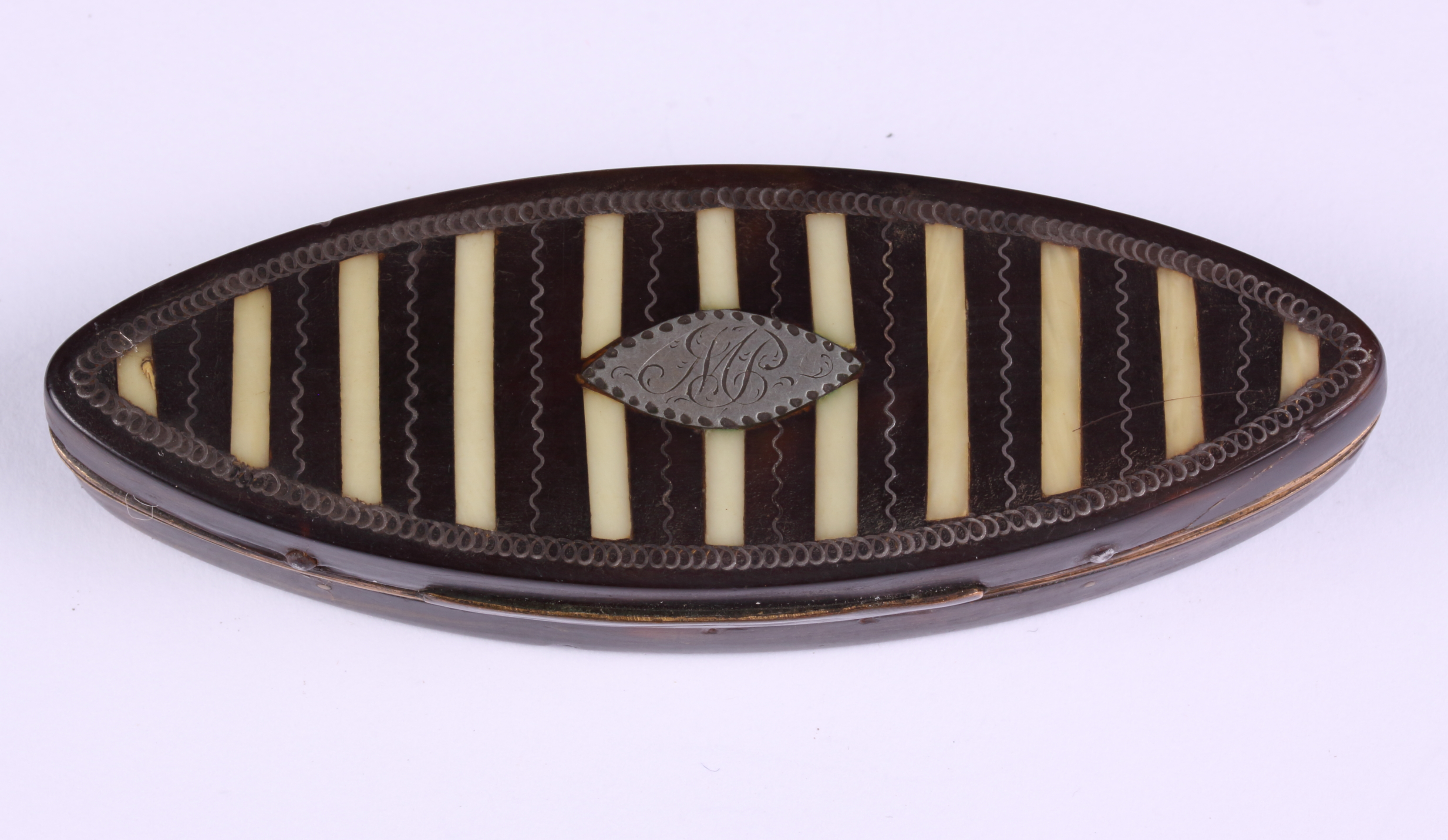 A 19th century tortoiseshell, ivory and pique decorated navette tooth pick box