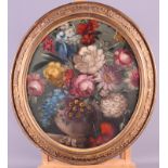 An oil on board, still life of summer flowers, 14" x 16", in oval gilt frame, and one other still