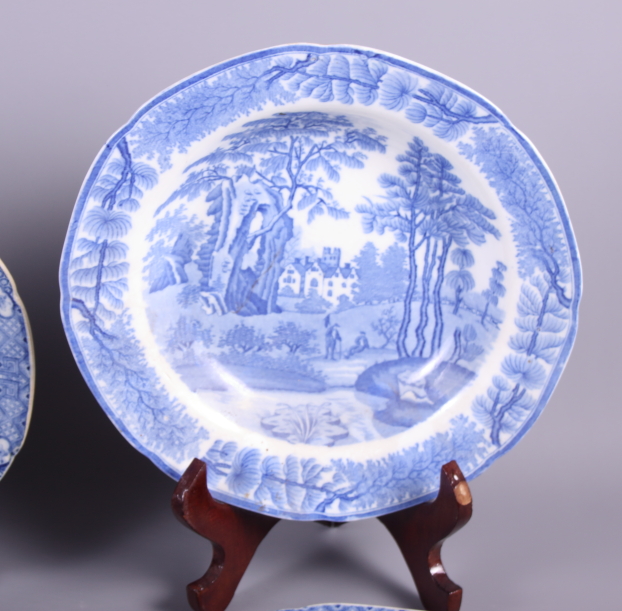 An early 19th century blue and white transfer decorated chestnut basket, a similar osier plate, four - Image 6 of 12