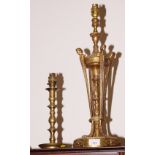 A brass table lamp of Louis XVI design, on shaped base, 22" high, and a smaller brass lamp, 11 1/